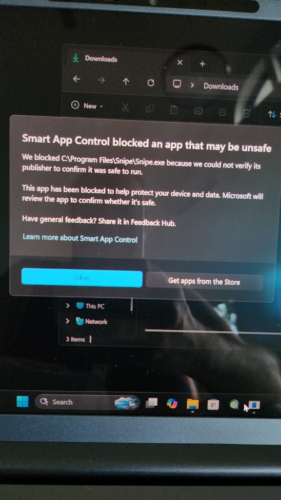 Windows Smart App Control dialog: blocked C:\Program Files\Snipe\Snipe.exe because the publisher could not be verified
