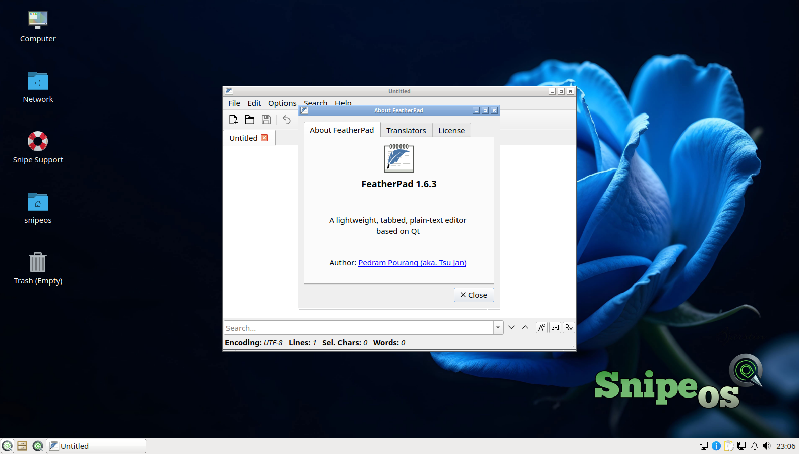 FeatherPad open on SnipeOS