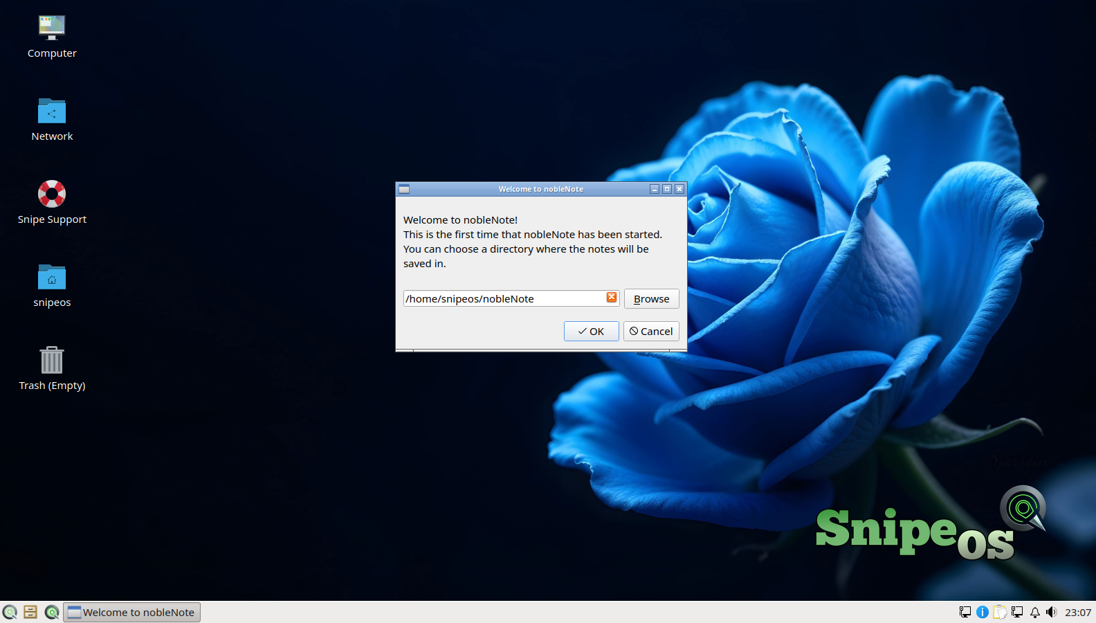 nobleNote welcome dialog on SnipeOS