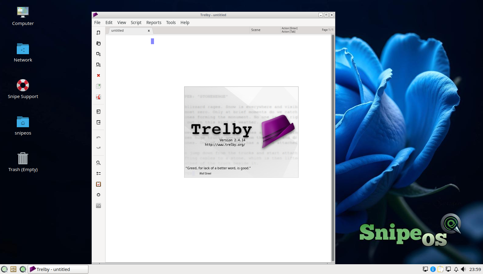 Trelby open on SnipeOS