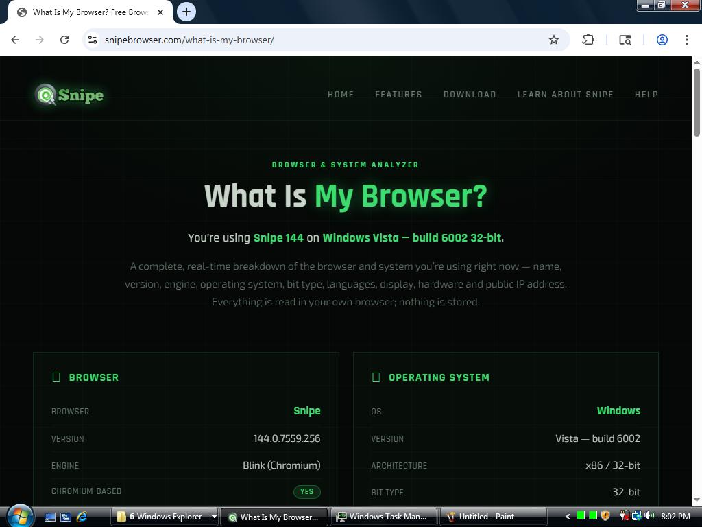 What Is My Browser confirming Snipe 144 on Windows Vista