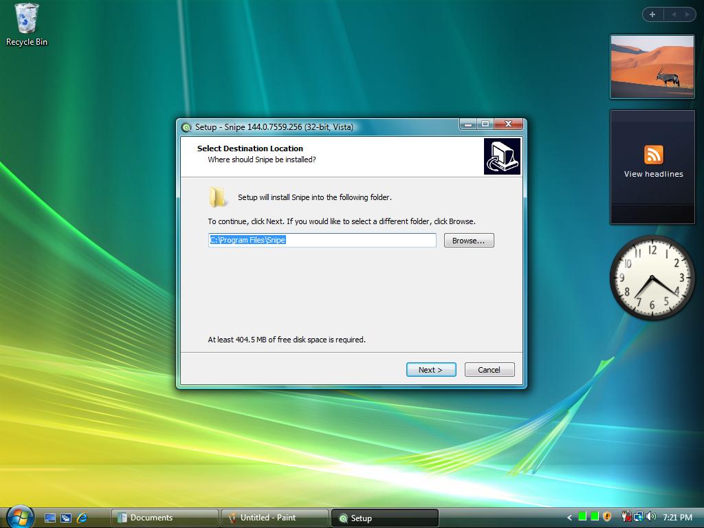 Snipe 144 Vista setup — select destination folder