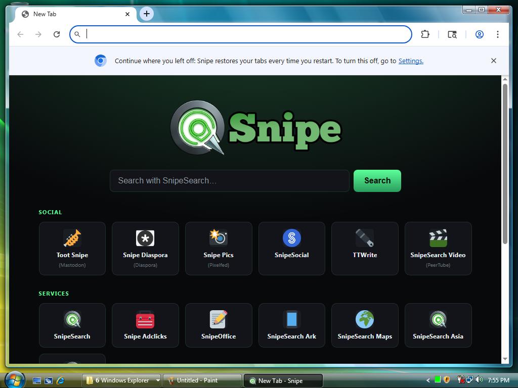Snipe new tab page running on Windows Vista Aero
