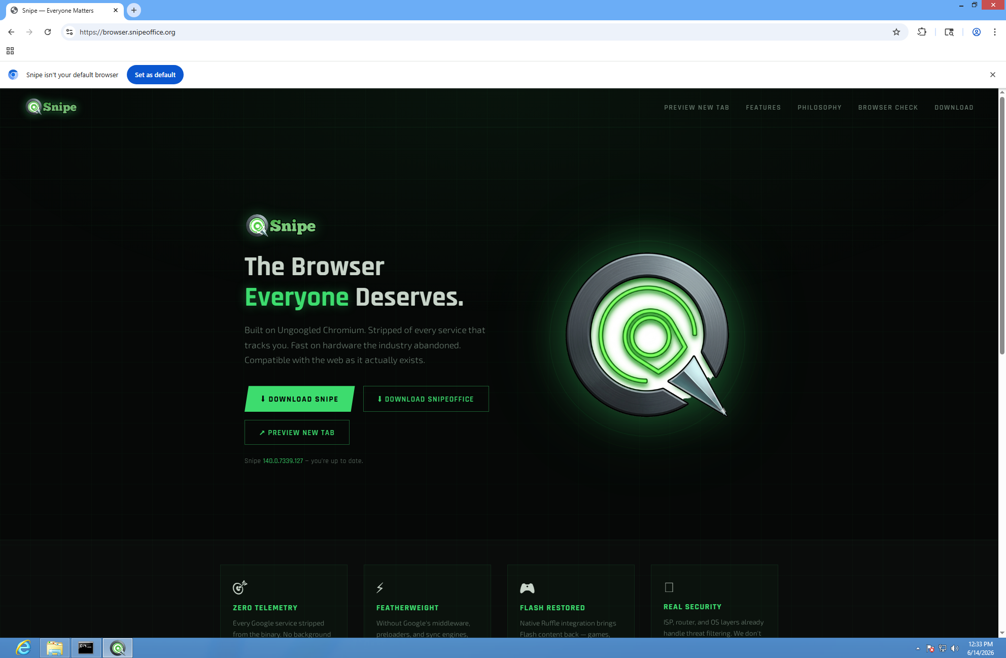 Snipe homepage on Windows 8 32-bit